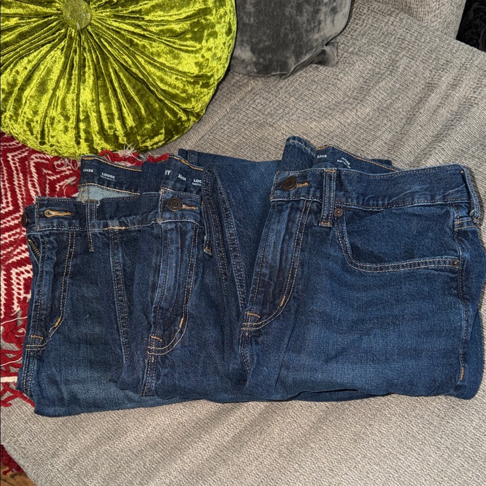 Classic Dark Blue Denim Jeans lot of 3! Old Navy Loose Built-in Flex 32x34. EUC!
